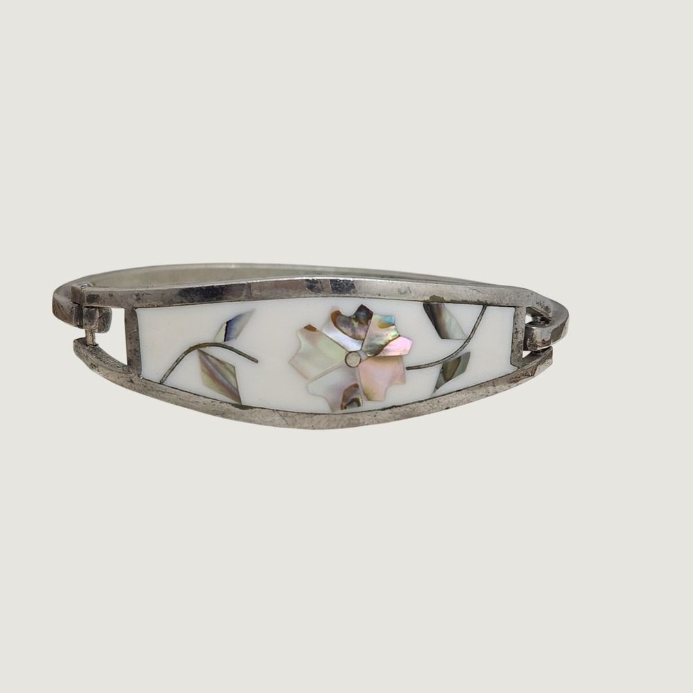 Vintage Taxco Mexico Sterling Silver Mother of Pearl‎ Abalone Hinged Bangle 6.5"